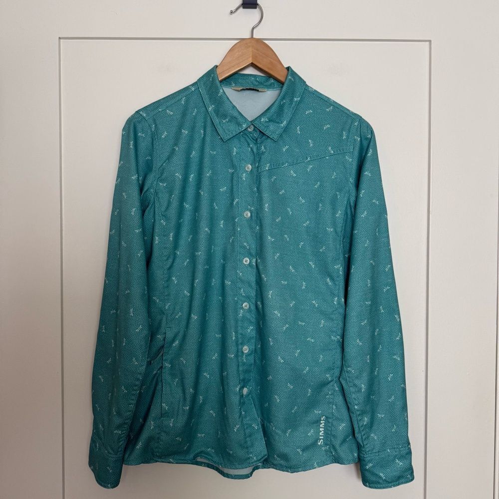 Simms Fishing Isle Shirt Womens Sz M Teal Dragonfly Gulf Long Sleeve Lightweight